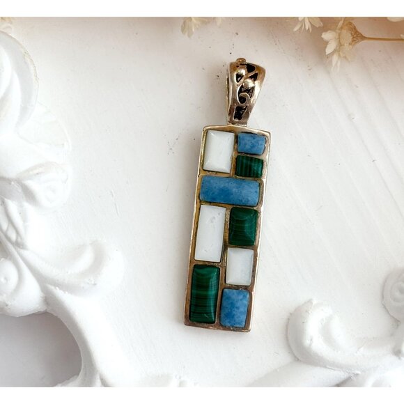 Geometric Malachite, Mother of Pearl & Blue Quartz 925 Sterling Vintage Pendant - Picture 1 of 10